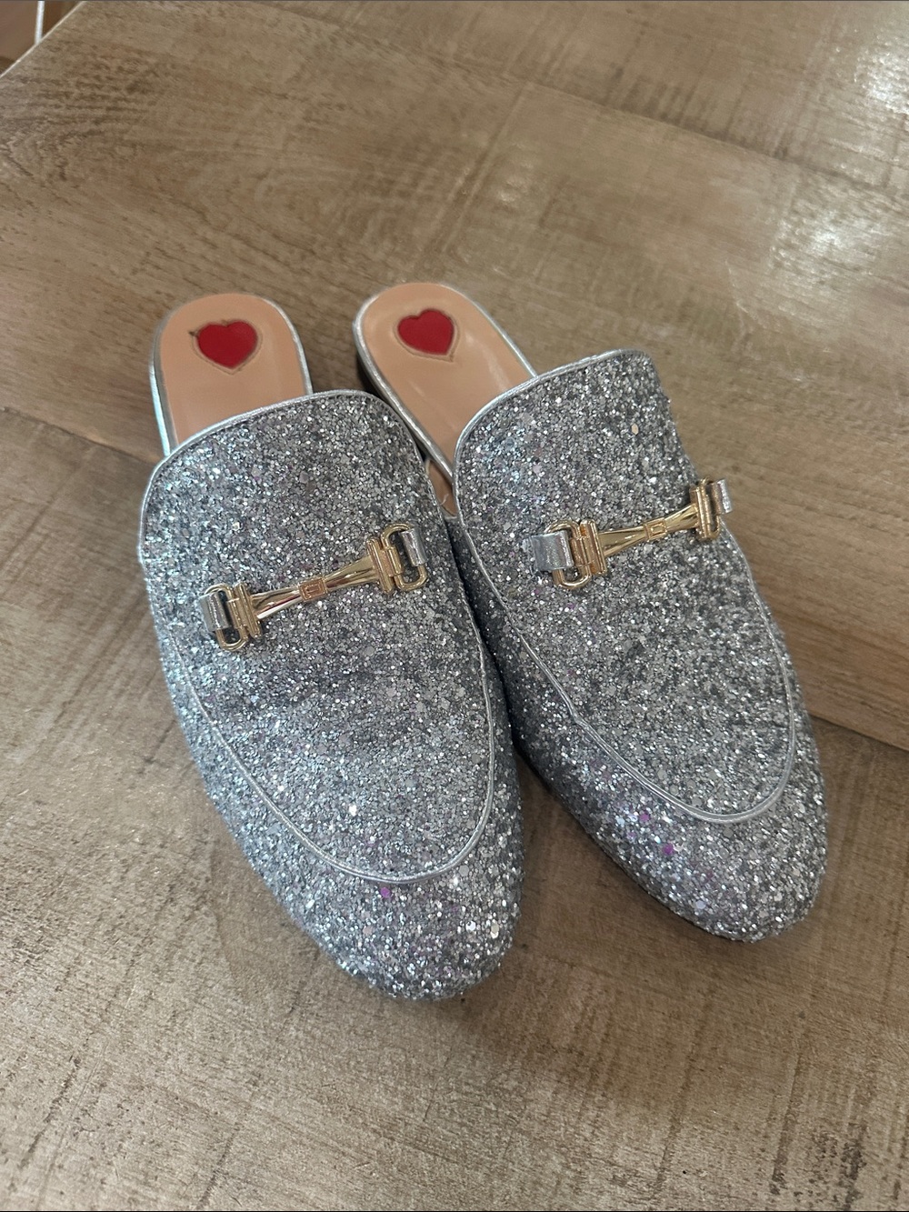 Silver Glitter Slip-On Mules with Gold Accent